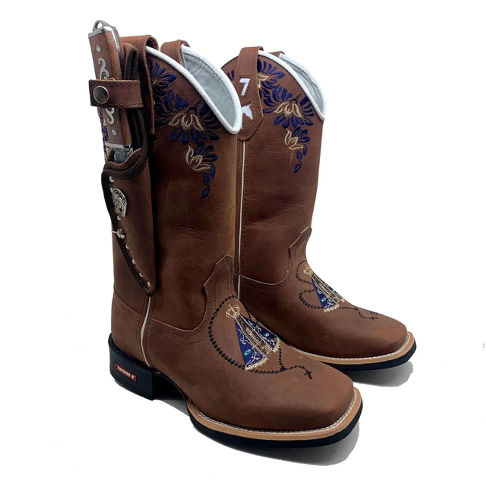 BotaFaca Padroeira - Couro Crazy Horse Nescau | Bordado Azul e Bege