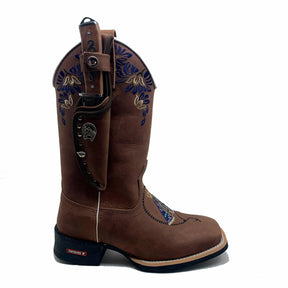 BotaFaca Padroeira - Couro Crazy Horse Nescau | Bordado Azul e Bege