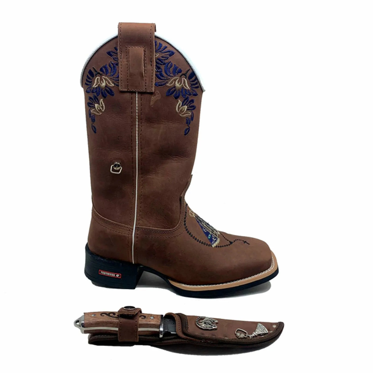 BotaFaca Padroeira - Couro Crazy Horse Nescau | Bordado Azul e Bege
